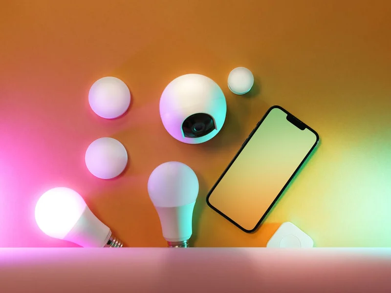 Smart-home devices laid out — bulbs, camera, smartphone — connected ecosystem