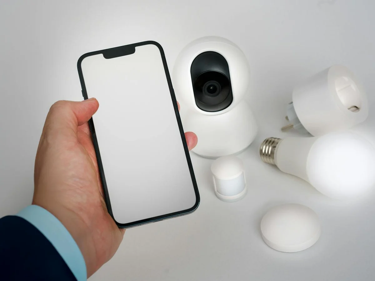 Smart-home control devices laid out — dimmer, sensors, hub